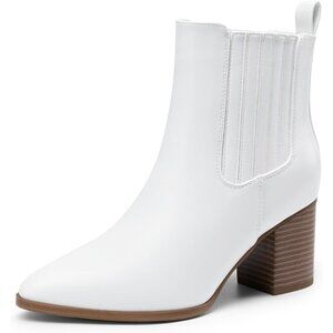 Women's White Pointed Toe Ankle Boots Chunky Block Heel Bootie Fall